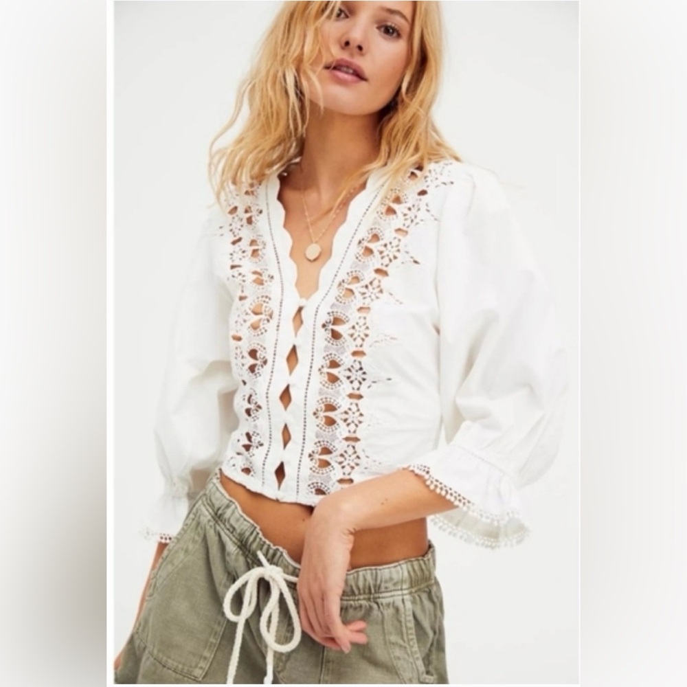 Free People Louella Embroidered Peasant Blouse White M